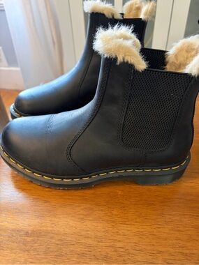 Dr. Martens Black Chelsea Boot with Cream Faux Fur Trim